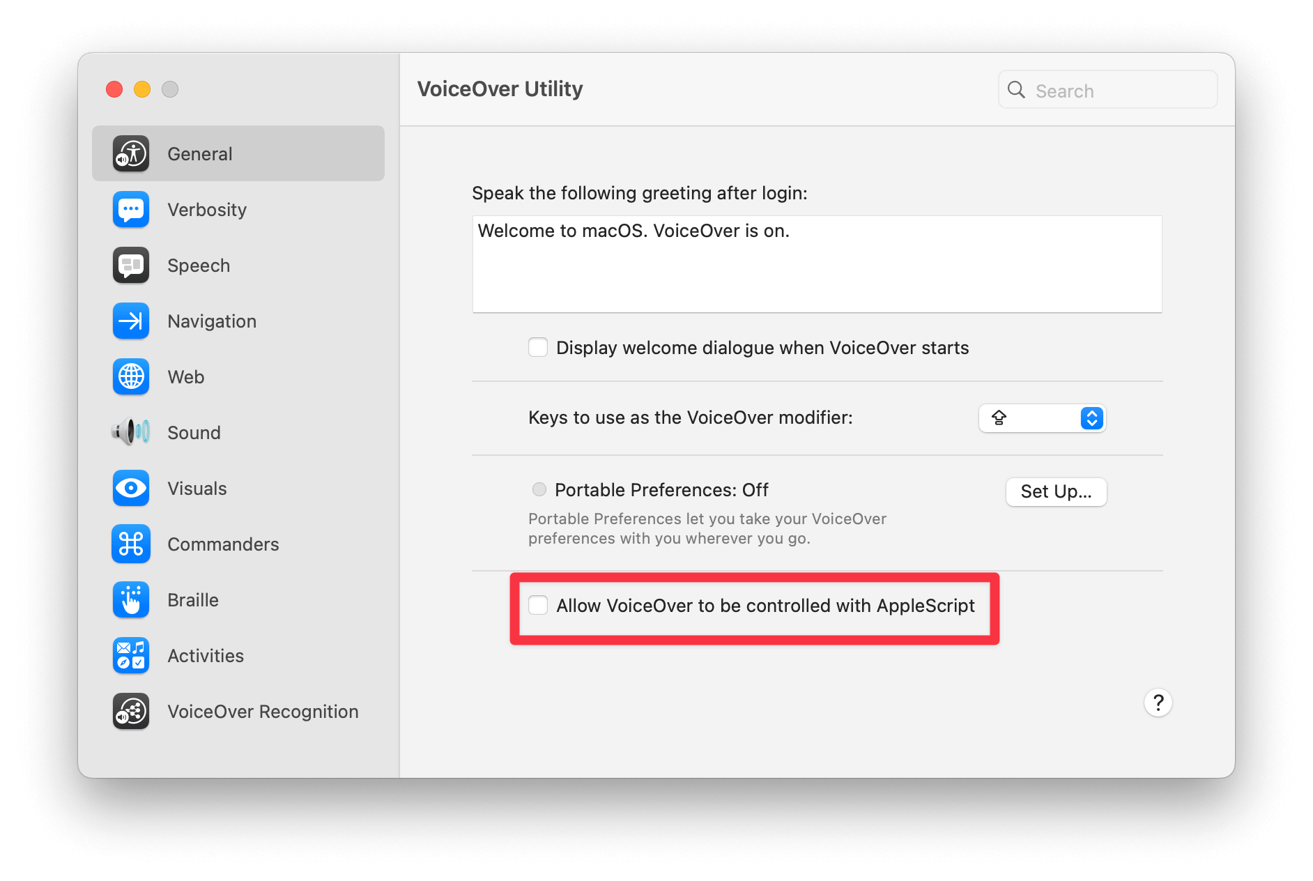 screenshot VoiceOver Utility window